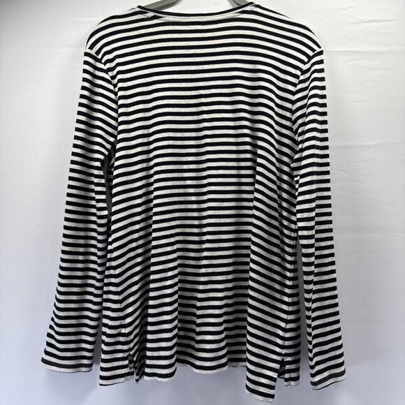 J Jill Women's Top L Black White Stripe Long Sleeve Slits Pima Crew Neck Hi Low - Picture 2 of 8